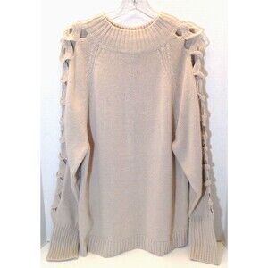 Donna Karen NY  Merino Wool Sweater L Beige Tunic Crochet Sleeves Preppy Luxury